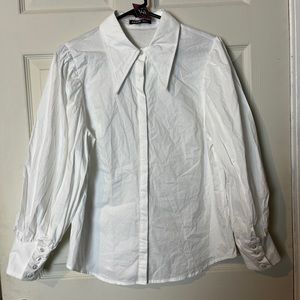 141. SHEIN petite Large whit button up blouse with button on sleeve